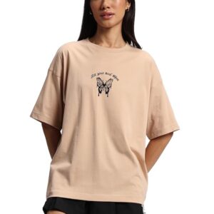 Women's 100% Cotton Graphic Print Oversized Fit Round Neck T-Shirt